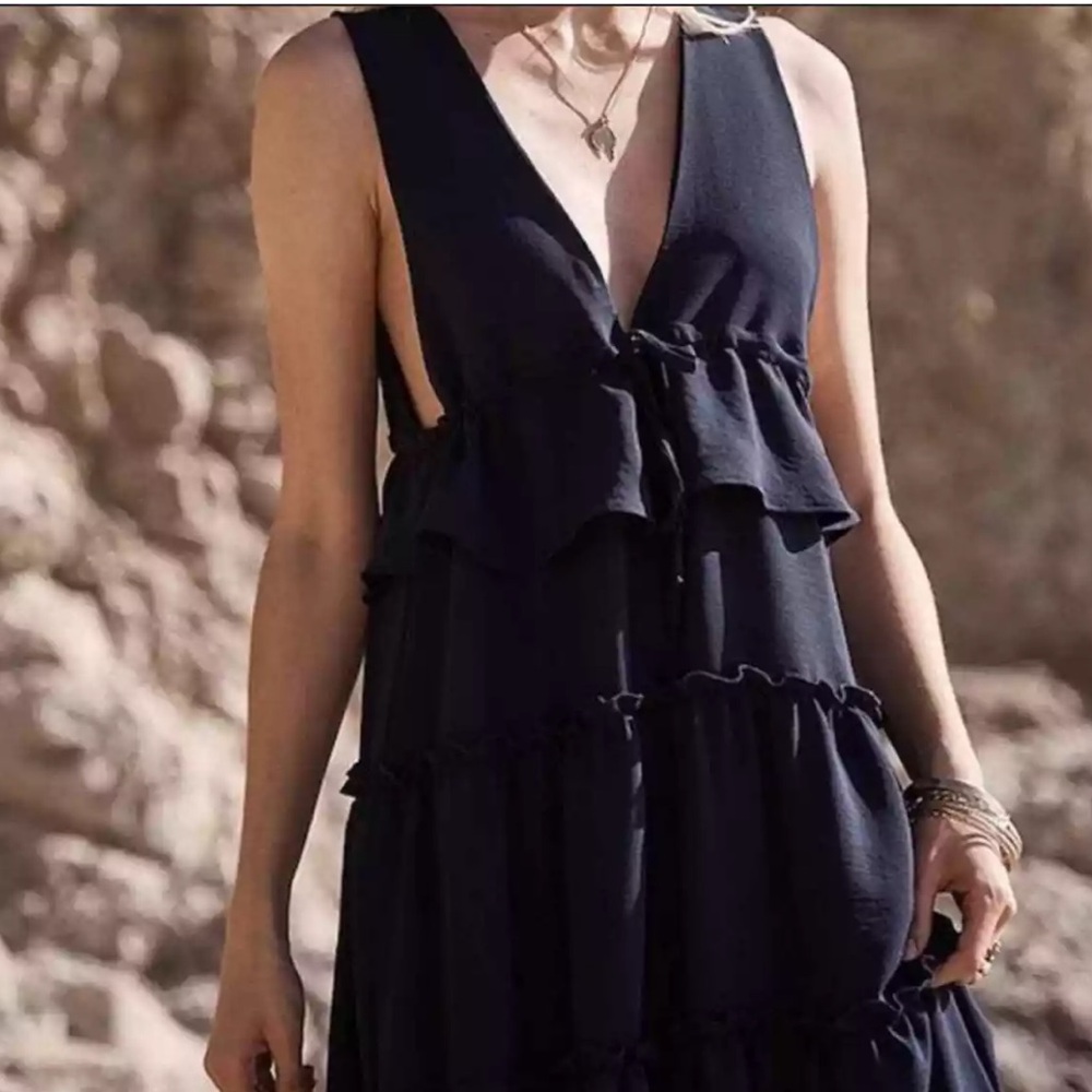 SAGE THE LABEL - Demeter Tiered Midi A-Line Dress Size S Navy Blue